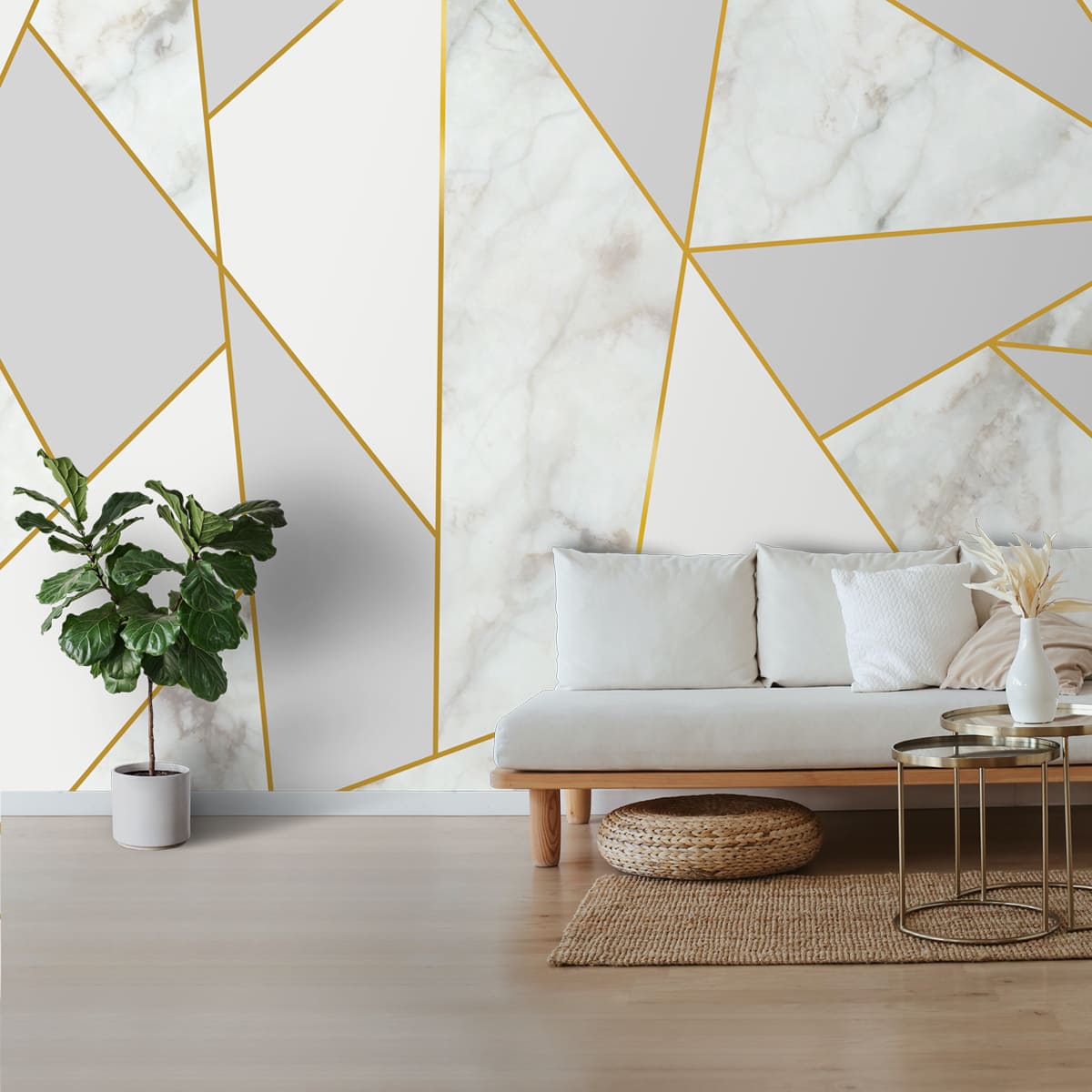 Product Application image of White Indrani Golden Strip Marble look Wallpaper in Living Room